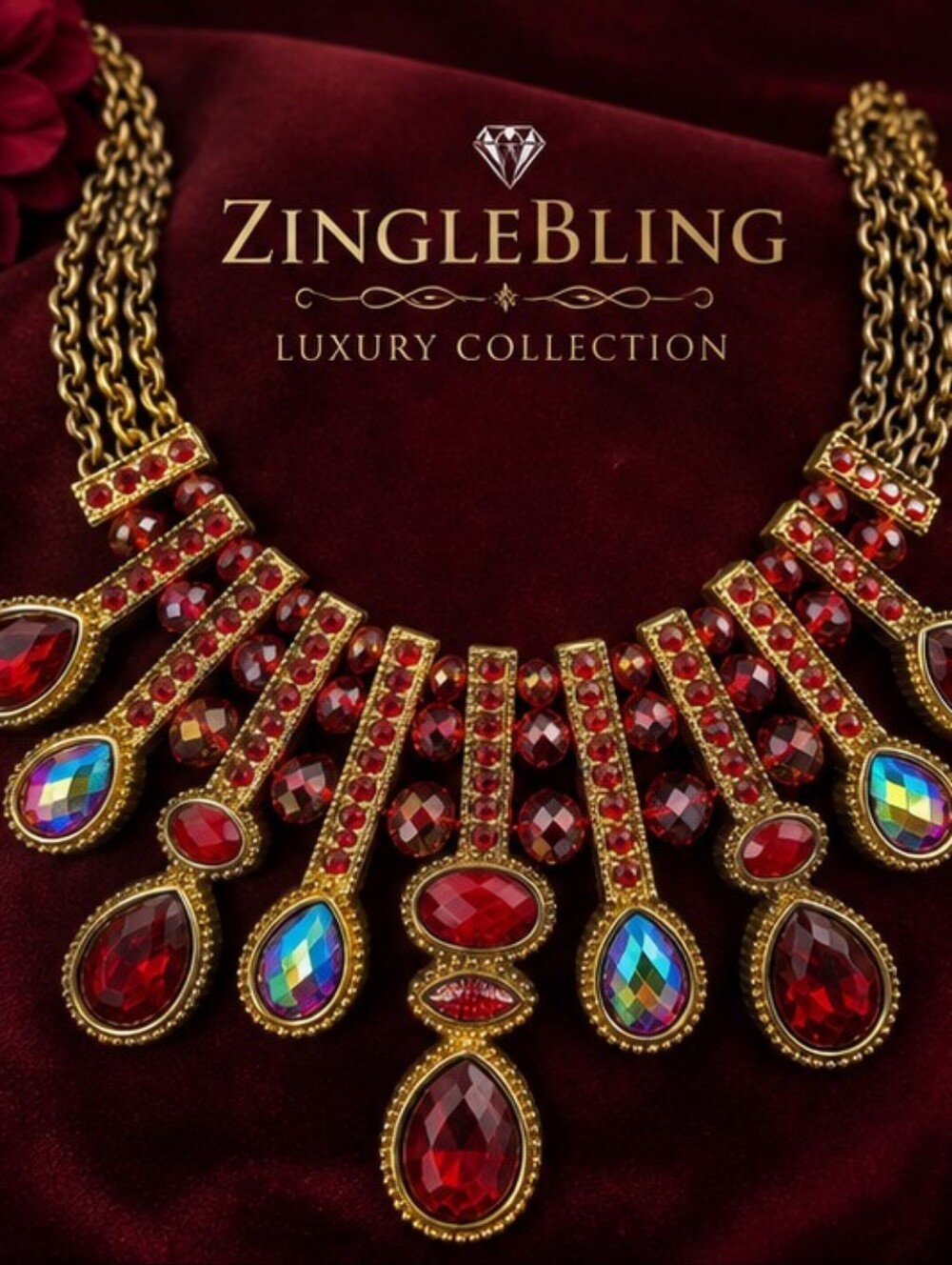 Red Glass Crystal Statement Bib Necklace Gold Tone Triple Chain